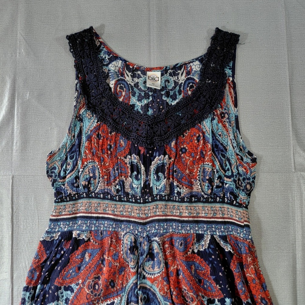 Bila Asymmetric Hanky Hem Maxi Dress Med Red White & Blue Lace Trim - Picture 3 of 13